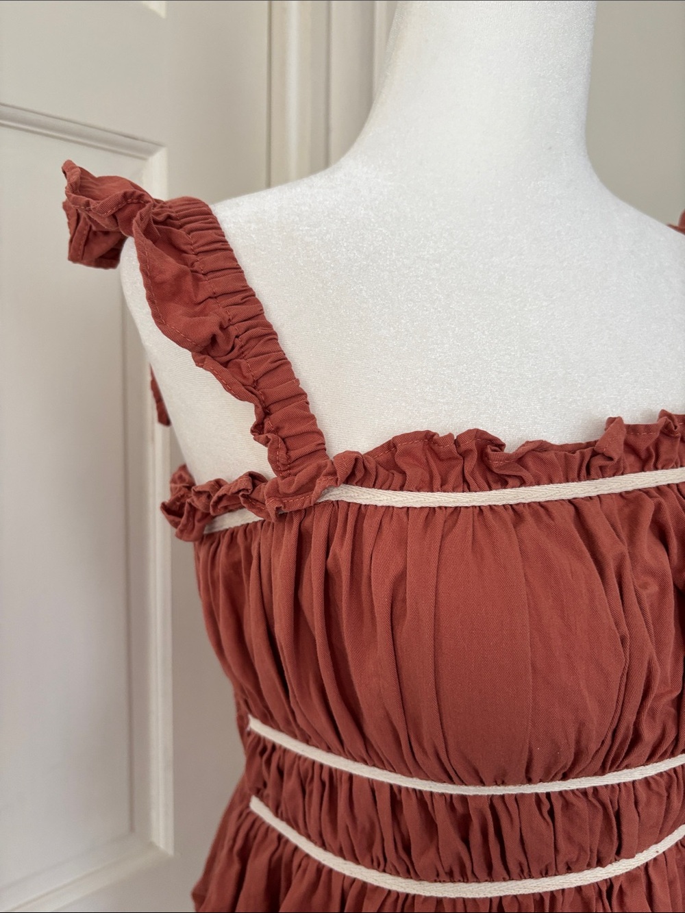 Anthropologie Rust Ruffle Tank with Cream Trim - Picture 2 of 6
